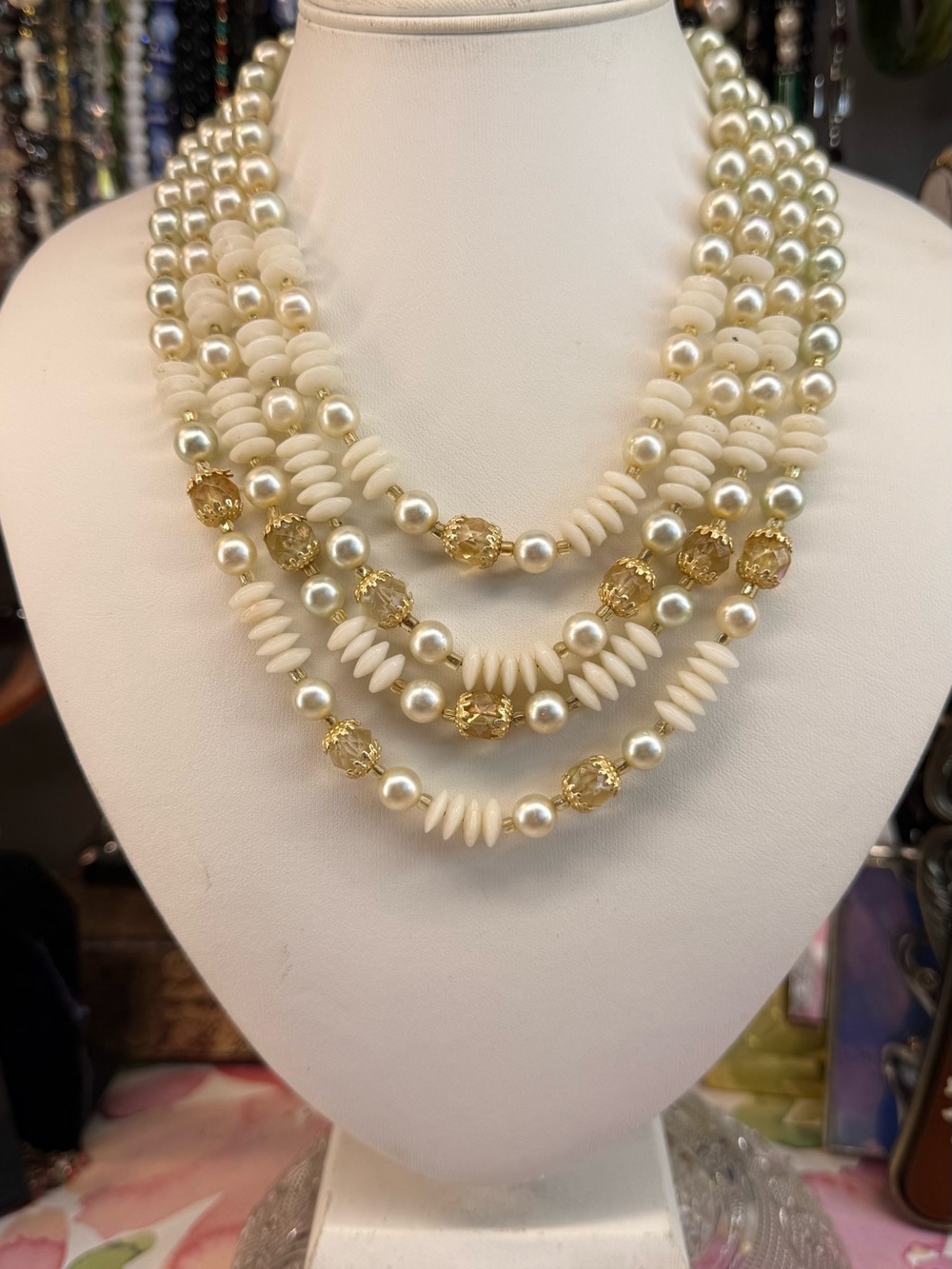 Vintage Japan Multi-Strand Ivory and Gold Beaded Necklace - Women Jewelry